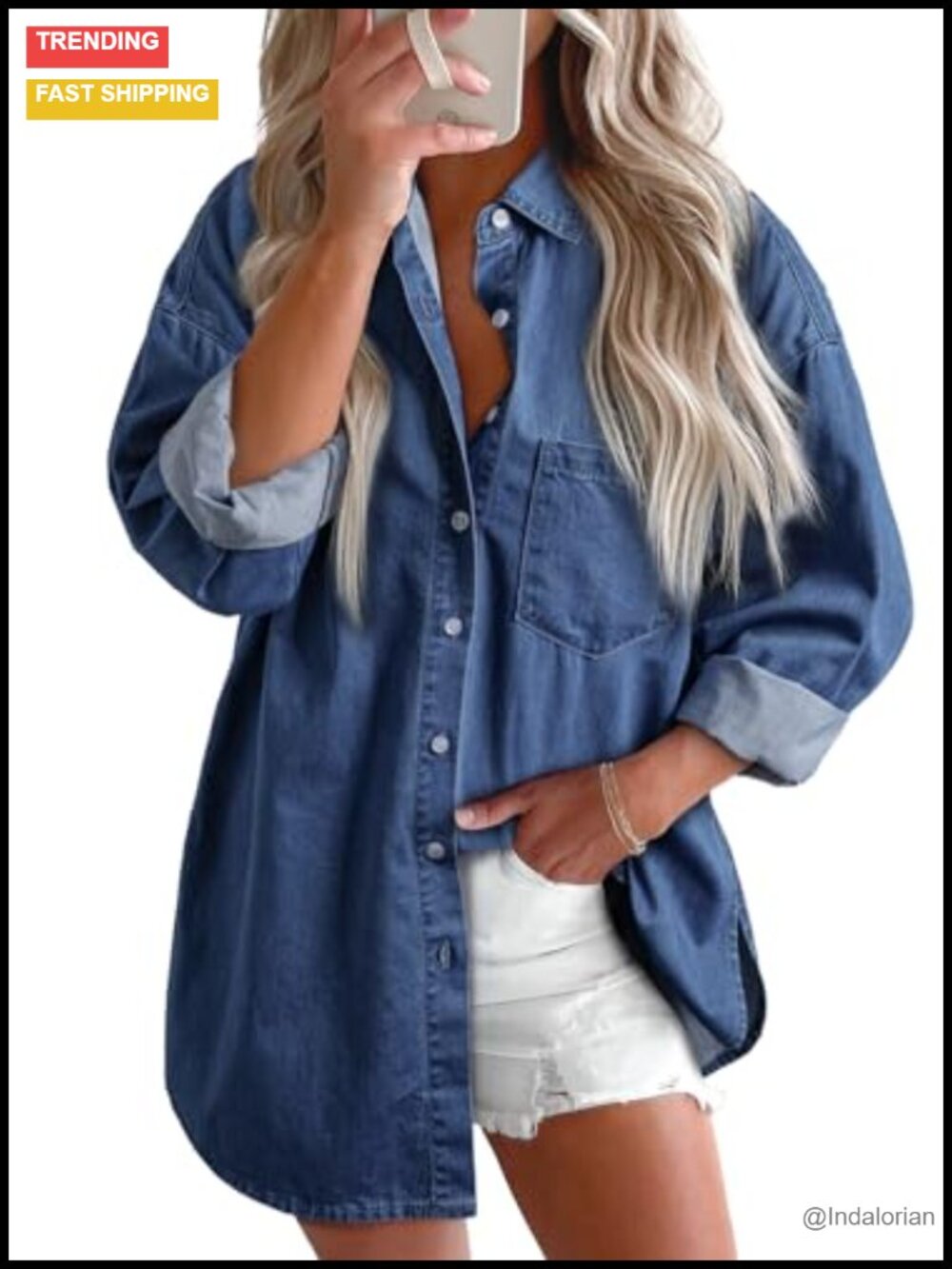 Women's Denim Button Down Shirt Long Sleeve Loose Fit Casual Blouse Top